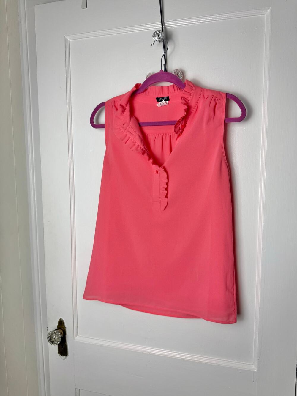 J.Crew Coral Pink Ruffle Blouse Size 4 Sleeveless Preppy Feminine Tank Top